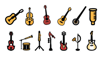 Fototapeta premium Hand-drawn set of different musical instruments, including guitar, violin, banjo, drum, bass, microphone, stand.
