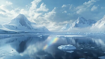 photorealistic arctic landscape frozen lake with icebergs faint rainbow reflection on the ice cold blue and white tones snow-covered mountains surrounding the lake polar bears in the distance