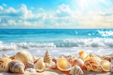 Serene beachscape with colorful seashells sunny sky