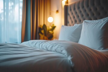 Closeup of a Made Bed with White Bedding and Pillows
