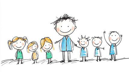 Fototapeta premium A joyful hand-drawn cartoon depicting a family of six standing together, all smiling in a playful and colorful style.
