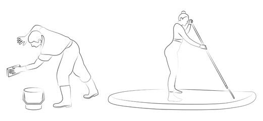 Girl on SUP board, man washing, sketch of silhouettes of people