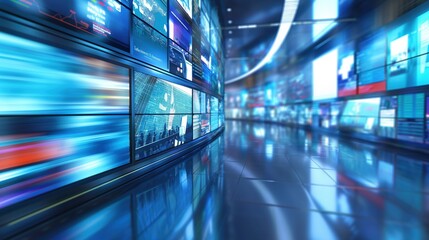 Fototapeta premium Blurred wall of television screens broadcasting 24/7 news and media. Concept of internet, AI, and nonstop data. 