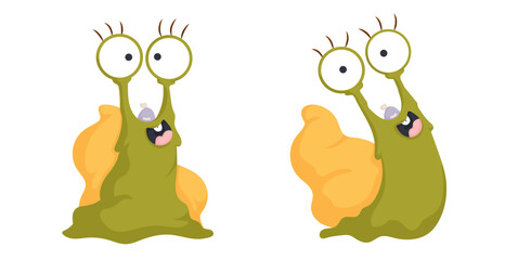 Two adorable cartoon snails with large, expressive eyes and cheerful expressions, perfect for children's illustrations and animations.