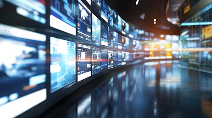 Blurred wall of television screens broadcasting 24/7 news and media. Concept of internet, AI, and nonstop data.	