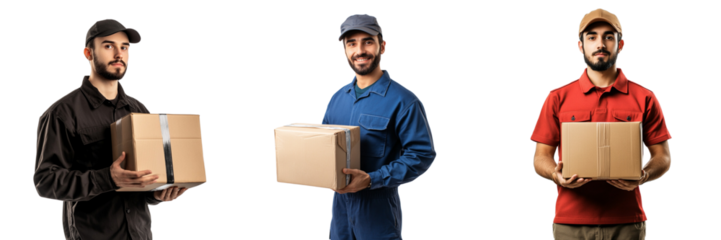Set of a delivery driver in a uniform, standing confidently with a package in hand isolated on transparent background (3)