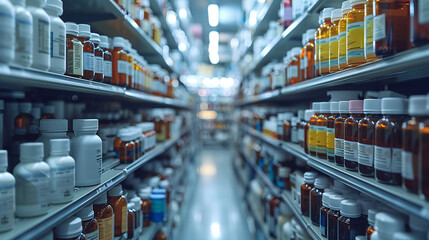 Bottles of pills and medicines on a shelf in a pharmacy.