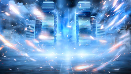 Futuristic Cityscape Digital Artwork with Sleek Skyscrapers and Fiery Streaks - Modern Blue and White Design with Reflective Ground