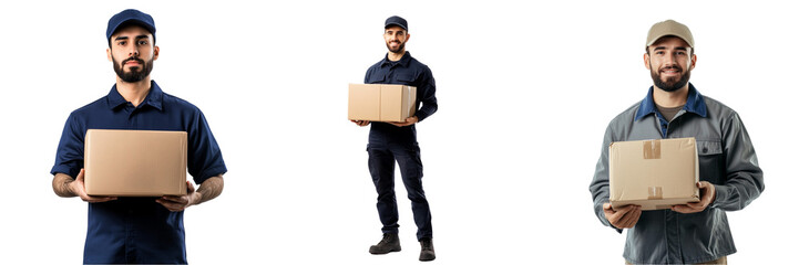 Set of a delivery driver in a uniform, standing confidently with a package in hand isolated on transparent background