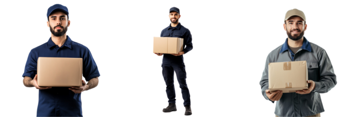 Set of a delivery driver in a uniform, standing confidently with a package in hand isolated on transparent background