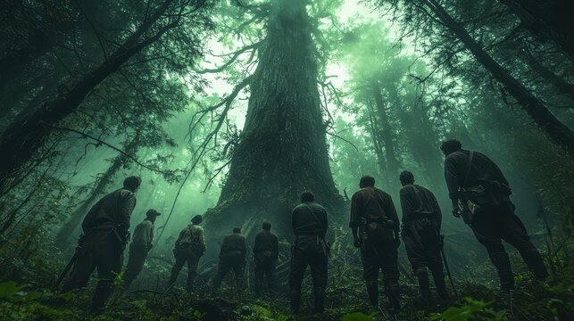 Lumberjacks standing before a towering ancient tree in a misty forest