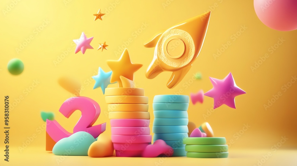 Poster colorful 3d objects with a rocket and stars on a yellow background