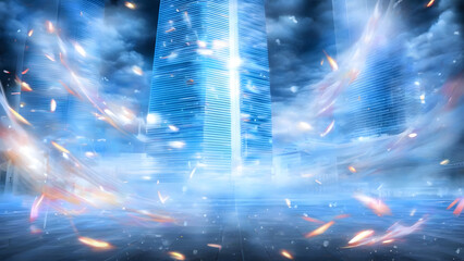 Futuristic Cityscape Digital Artwork with Sleek Skyscrapers and Fiery Streaks - Modern Blue and White Buildings with Reflective Ground
