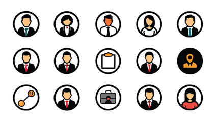 Set of circular icons related to hiring and recruitment, including people, a clipboard, a briefcase, and a location pin.
