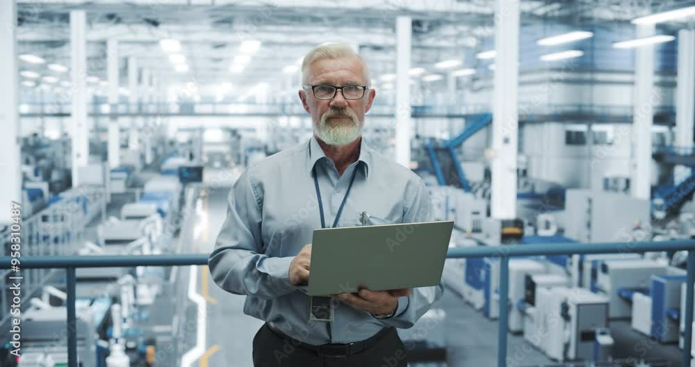 Aufkleber portrait of a bearded electronics manufacture engineer smiling, looking at camera. senior man using 