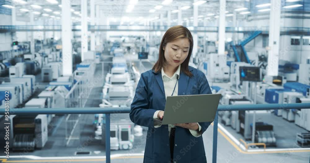 Leinwandbilder young asian female engineer standing at a factory, using laptop computer at an electronics manufactu