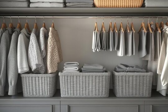 minimalist closet organization sleek grey storage baskets carefully curated clothing items on wooden hangers clean lines neutral color palette decluttered lifestyle concept
