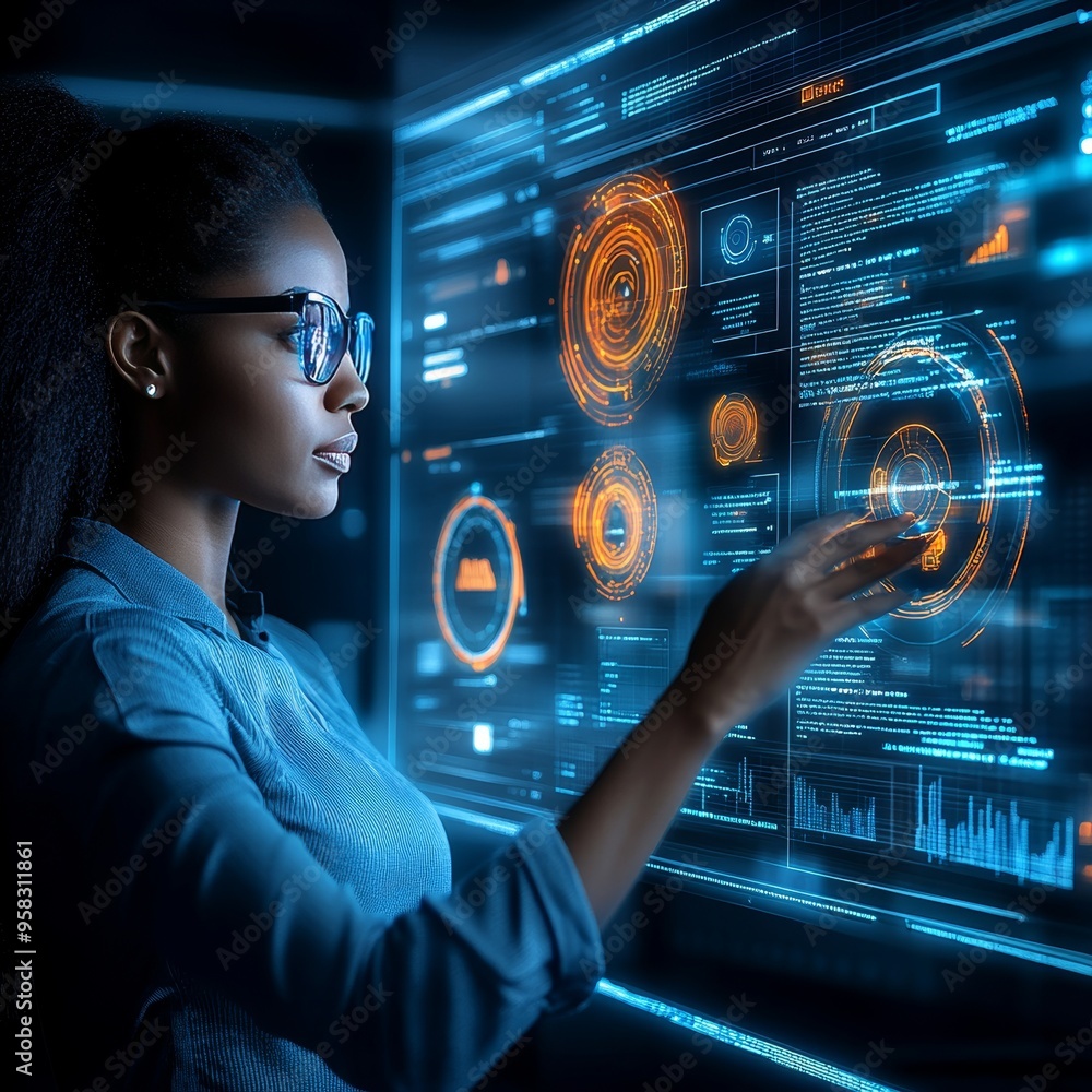 Poster young woman analyst working with big data on transparent touchscreen futuristic display interface.