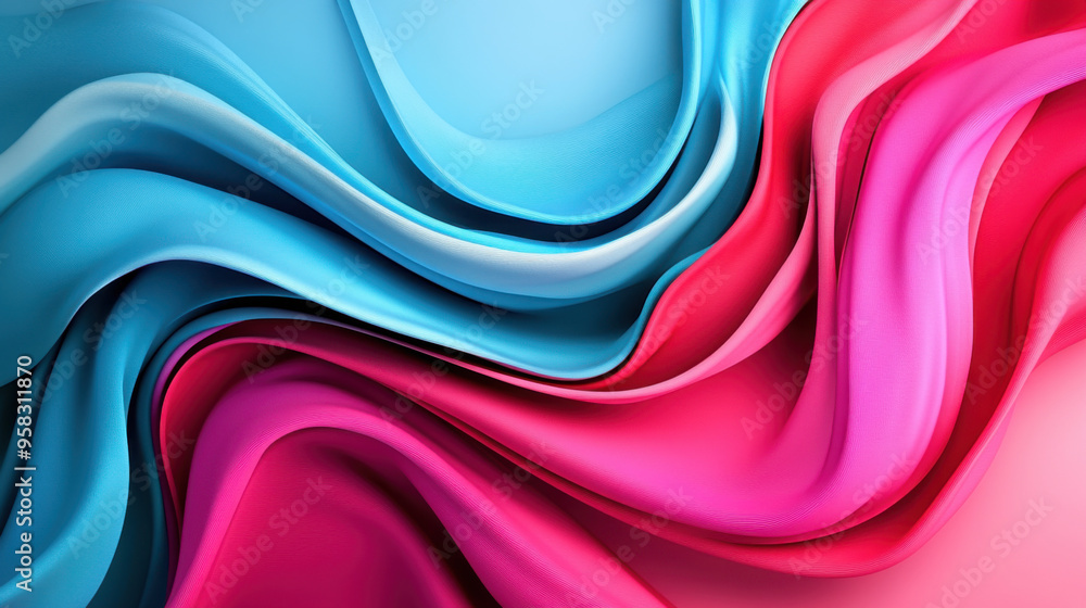 Poster vivid abstract image featuring flowing waves of blue and pink fabric textures, creating a sense of m