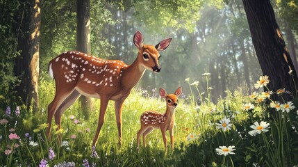 A Doe and Her Fawn in a Sun-Dappled Forest Clearing