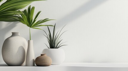 White Wall with Three Vases and Green Plants