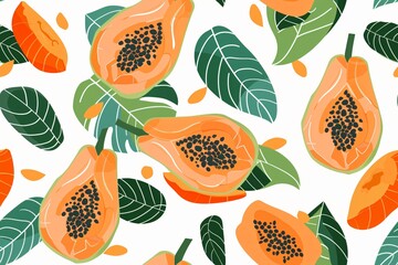 Vibrant Tropical Papaya Pattern With Leaves Highlighting Exotic Fruit In A Summer Theme