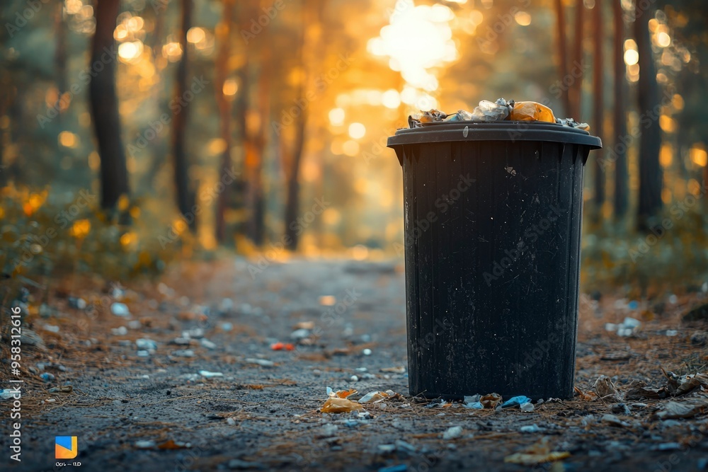 Poster a black trash can in a forest path with sunlight filtering through the trees