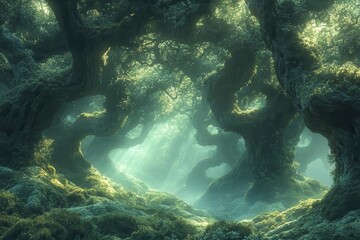 Fototapeta premium misty forest bathed in ethereal light ancient trees draped in moss stand sentinel as tendrils of fog weave between trunks a sense of magic and timelessness pervades