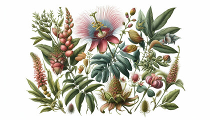 Obraz premium Detailed botanical illustrations of exotic plants and flowers, Generated Ai