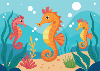Three seahorses swimming gracefully in the ocean depths