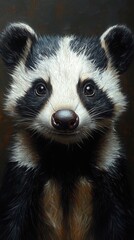 A front-facing view of a badger with expressive eyes and distinct black and white fur in a simple, neutral background.