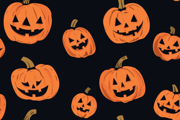 Halloween pumpkin seamless banner. Spooky squash lanterns silhouettes, scary jack-o-lanterns halloween flat vector background illustration. Halloween holiday party endless poster