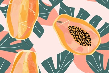 Vibrant Modern Illustration of Papaya Fruits with Tropical Leaves in Background, Ideal for Decor