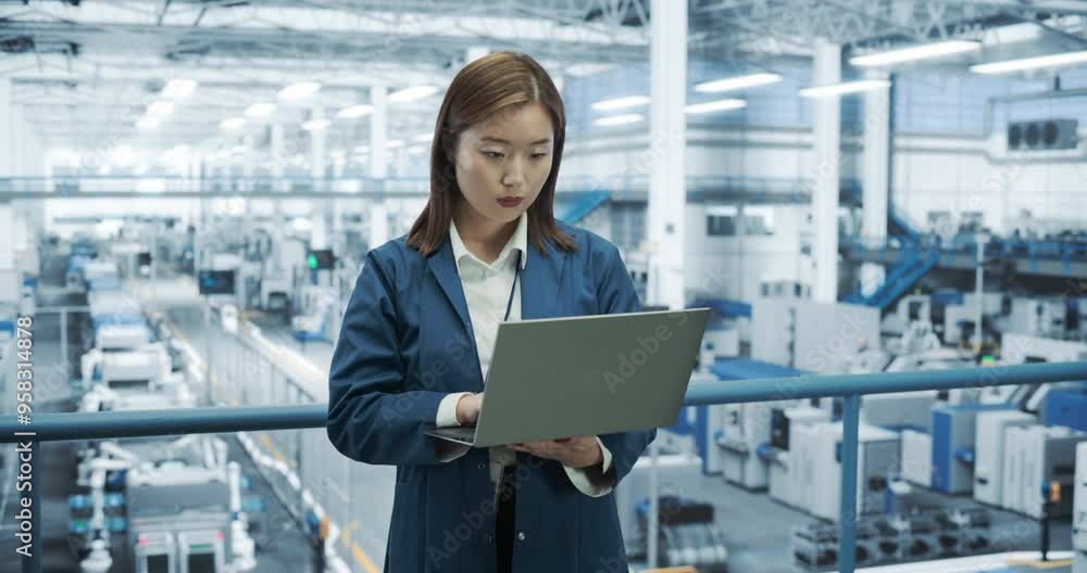 Poster japanese factory specialist working on laptop at a futuristic industrial manufacturing plant. projec