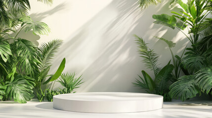 Chic white podium in a 3D abstract minimal design, featuring a rich green forest backdrop.