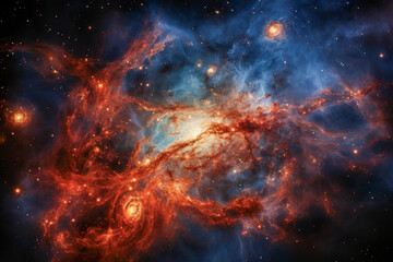 Obraz premium Bright fiery nebula and cosmic clouds in deep space