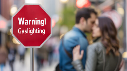 Warning Gaslighting red road sign with a blurred couple background. Psychological abuse and manipulation in toxic relationships with a narcissist partner concept