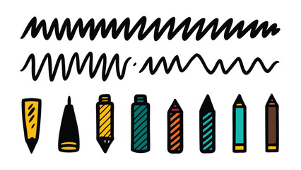Illustration of a set of pencils, pens, markers, and brush pens.
