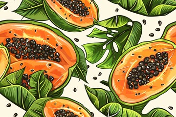 Illustrated Orange Papayas with Green Leaves on a Light Background