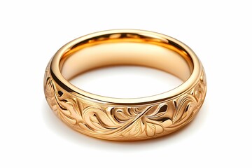 Close-up of a luxurious gold ring featuring detailed floral engravings, showcasing fine craftsmanship and elegance, isolated on a white background.