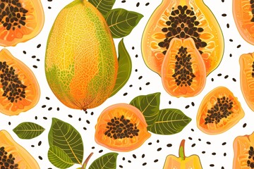 Vibrant Tropical Papaya Pattern with Leaves and Seeds Against White Background