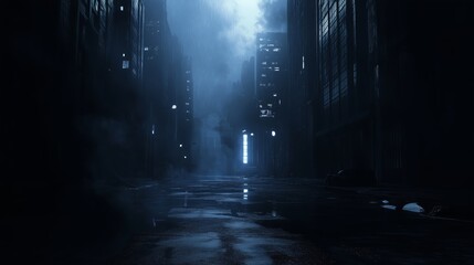 A mysterious alleyway illuminated by dim lights in a foggy urban environment at night