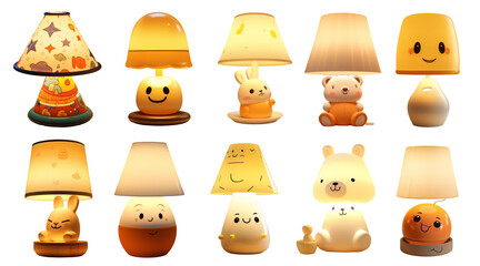 Fototapeta premium Collection of cute and colorful table lamps with various animal and cartoon designs.