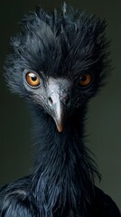 This close-up portrait captures a black emu with striking yellow eyes and rugged plumage, standing against a plain background.