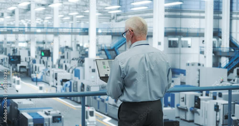 Fototapete Middle Aged Engineer Monitoring and Analyzing Conditions at an Automated Modern Electronics Factory with Mobility Robots Working with the Help of Artificial Intelligence Software. Back View Footage