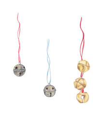 Watercolor Set of Gold and Silver Jingle Bells on Red and Blue Ribbon