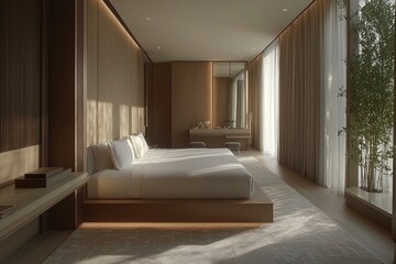 Minimalist Bedroom Interior with Large Bed and Sunlight