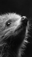 This image captures a cute hedgehog looking up, highlighting its spiky fur and shiny nose in a black and white photograph.