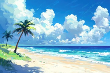 Tropical beach paradise with lush palm trees vibrant blue sea