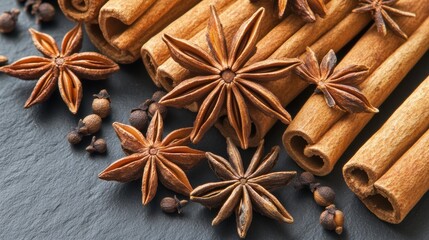 Aromatic cinnamon sticks star anise on dark background